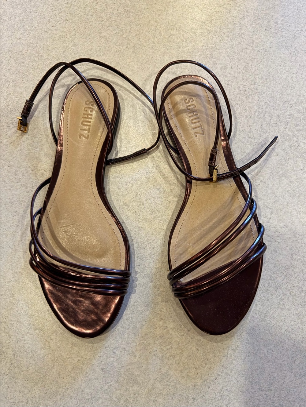 SCHUTZ Metallic Dark Brown Strappy Ankle-Tie Sandals